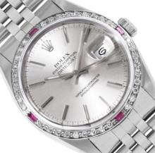 Rolex Mens Stainless Steel Silver Index Ruby and Diamond Datejust With Rolex Box