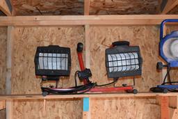 DUAL HEAD HALOGEN WORK LIGHTS, LOCATED IN SHED