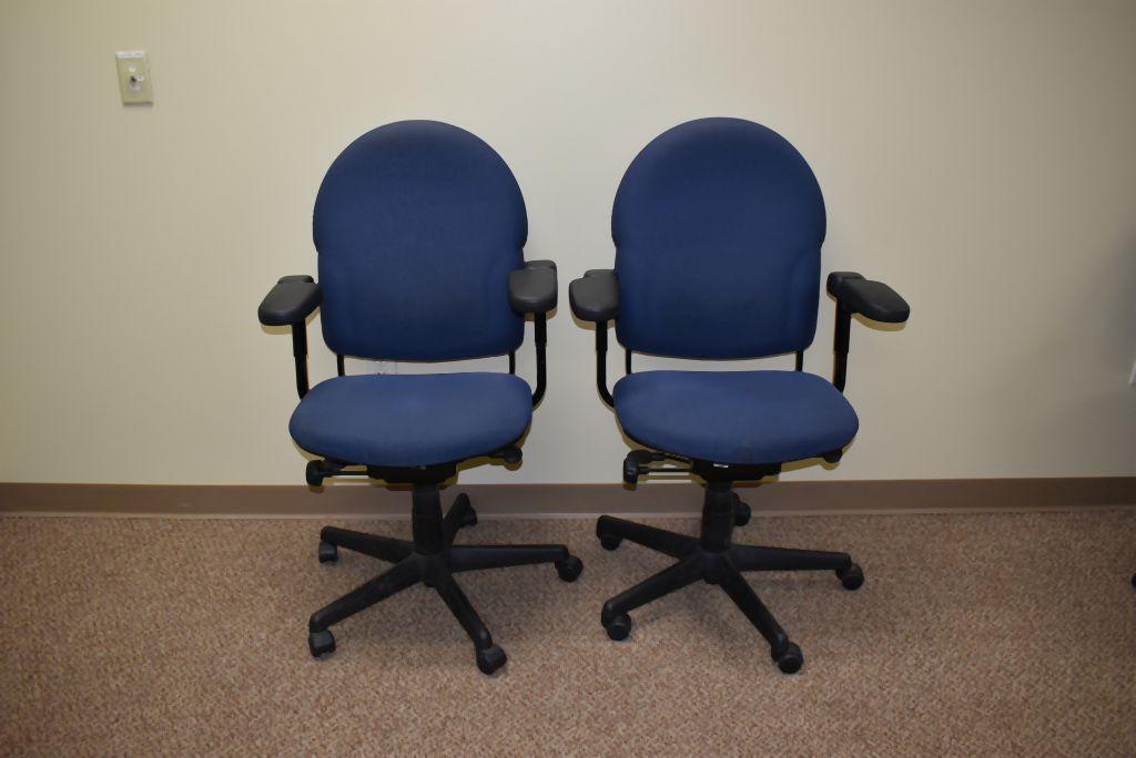 (2) OFFICE CHAIRS W/ARMS, BLUE FABRIC SEAT/BACK,