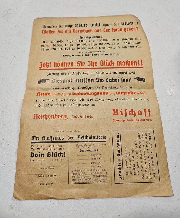 Authentic Poster Nazi Germany Reich War Lottery