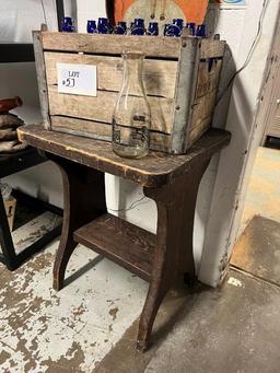 Rustic Wood Side Table, Crate, Bottles, and Tray