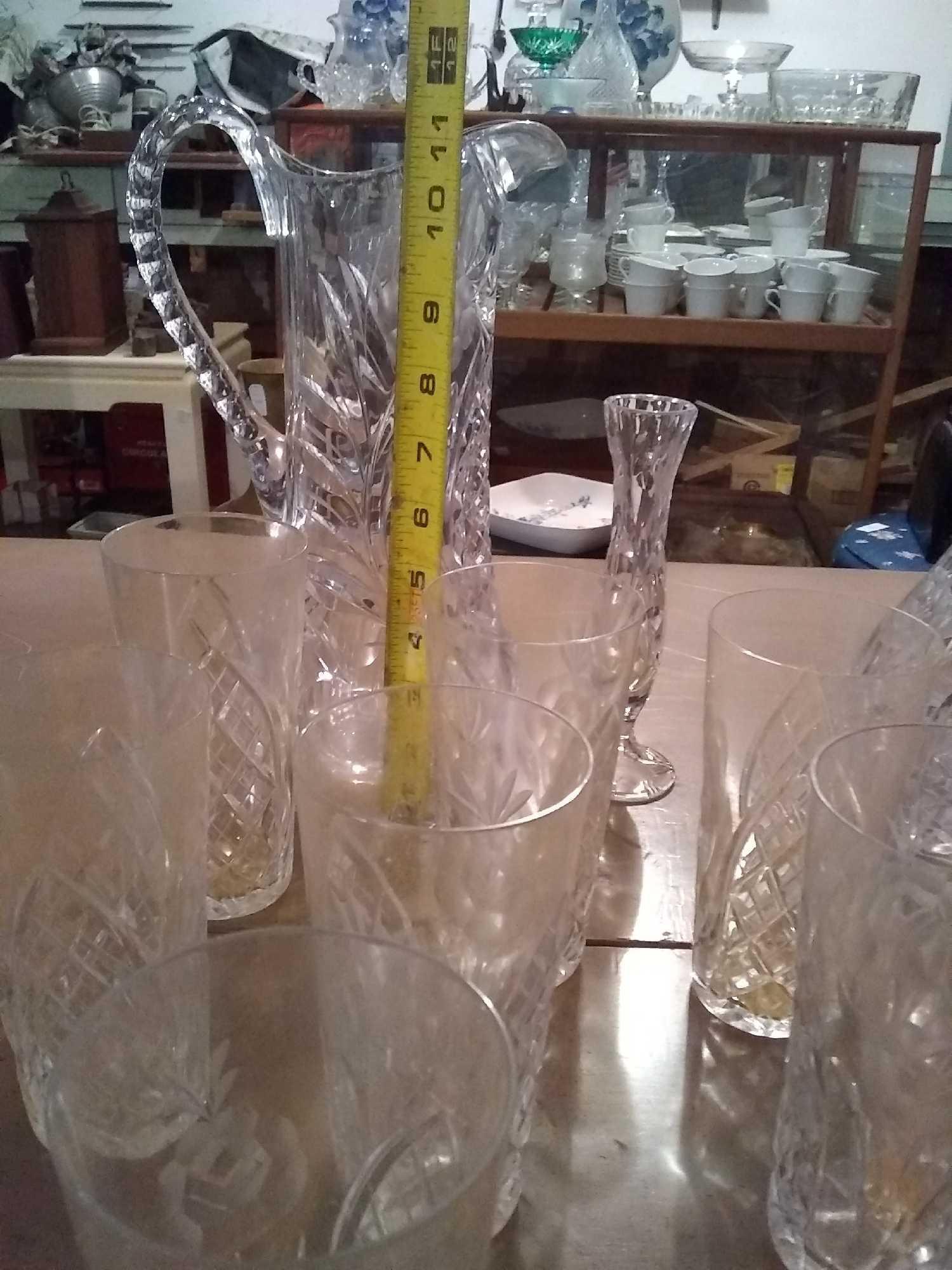 3 cut glass items: Pitcher, Vase, and Decanter and 10 matching glasses