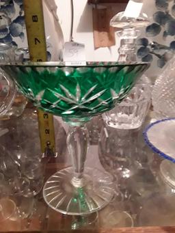 Glowing Green Glass Cup and Blue and White DEcor Bowl