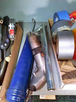Shelf Contents Including Grease Guns, C Clamp, Air Gauge, Tape, Brushes, Etc.