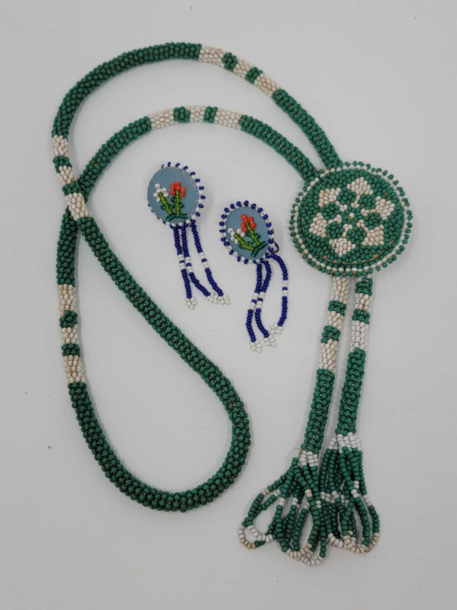 Native American Style Beaded Bolo Tie and Earrings