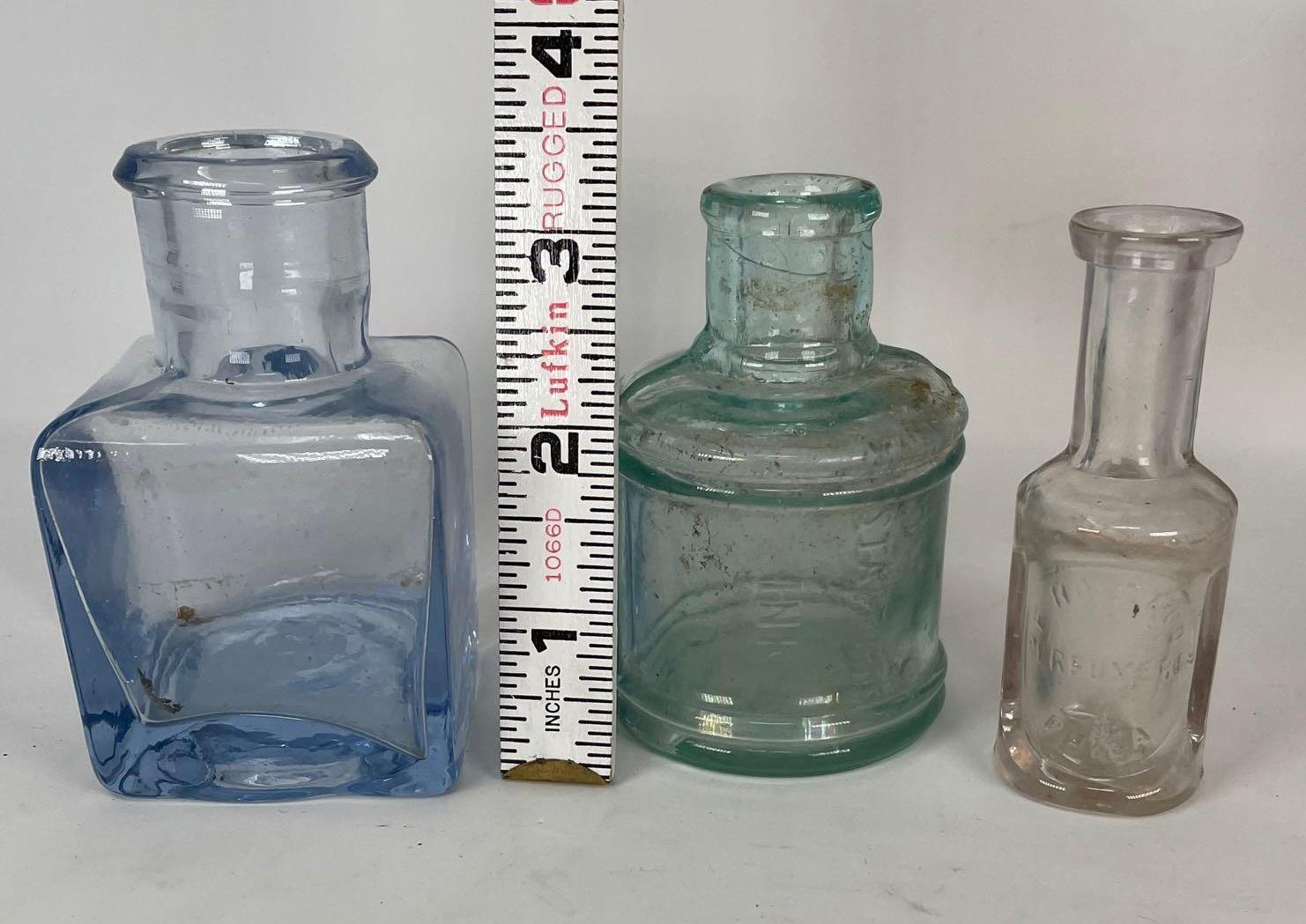 3 Small Glass Bottles- Green is Marked "Ink", Clear Marked "Perfume"