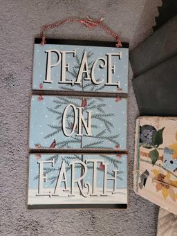 Peace on Earth Wooden Sign, 21" Diameter Saw Blade, Painted Slate Sign, 2 Pieces Slate