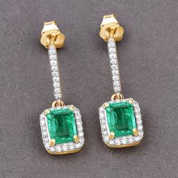 14KT Yellow Gold 2.08ctw Emerald and White Diamond Earrings