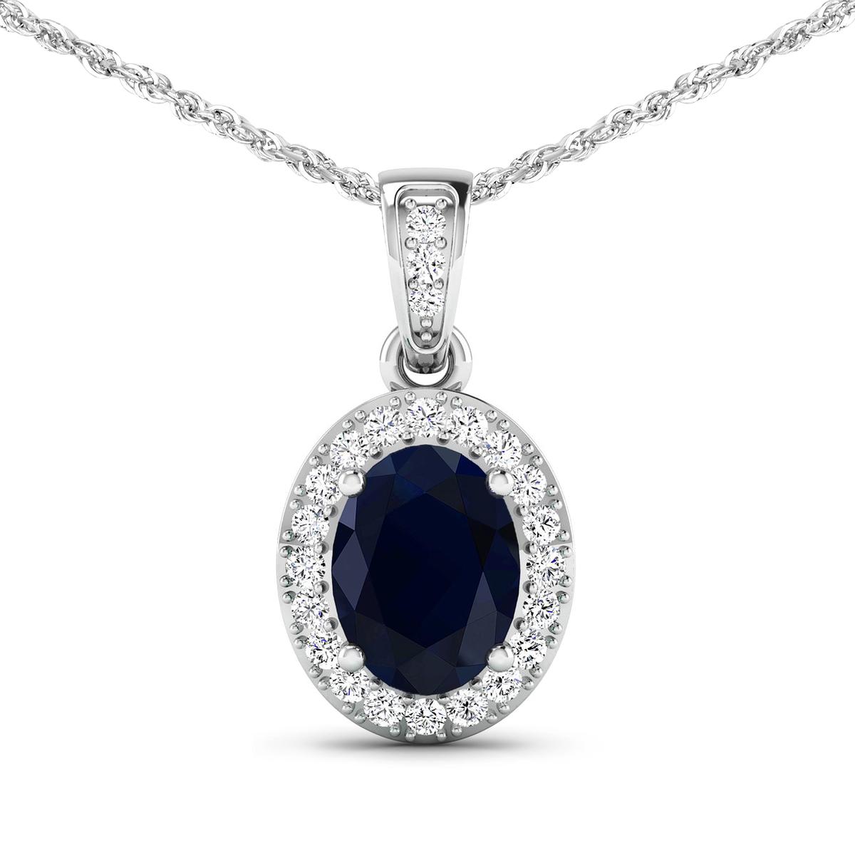 14KT White Gold 1.30ct Blue Sapphire and Diamond Pendant with Chain