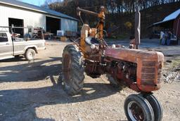 Farmall "C", narrow front, runs good, complete but very experienced, 6-volt, rubber is fair, Serial