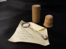 Antique Wooden Thimble, Needle Holder and Shoe Lacer Hook