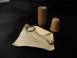 Antique Wooden Thimble, Needle Holder and Shoe Lacer Hook