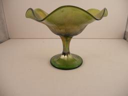 Vintage Green Carnival Glass Stemed Ruffled Candy Dish