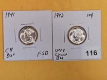 1941 and 1942 silver Mercury Dimes