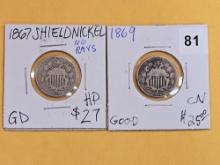 1867 and 1869 Shield Nickels