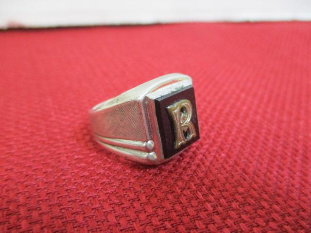 Sterling Silver Monogrammed "R" Ring w/ Onyx