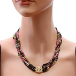 Multi Color Tourmaline Strands Necklace on 14K Yellow Gold Diamond Clasp