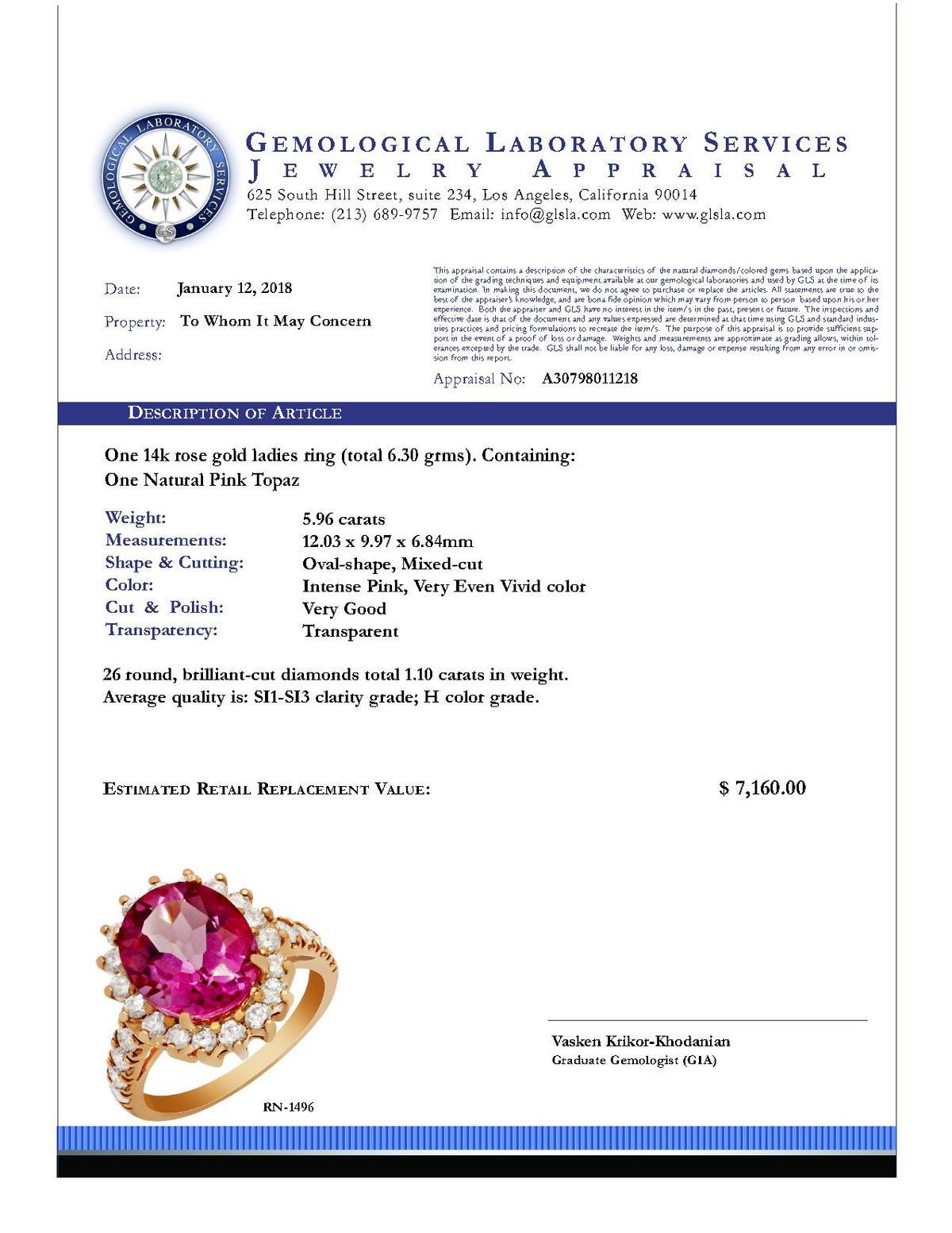 14k Rose Gold 5.96ct Pink Topaz 1.10ct Diamond Ring