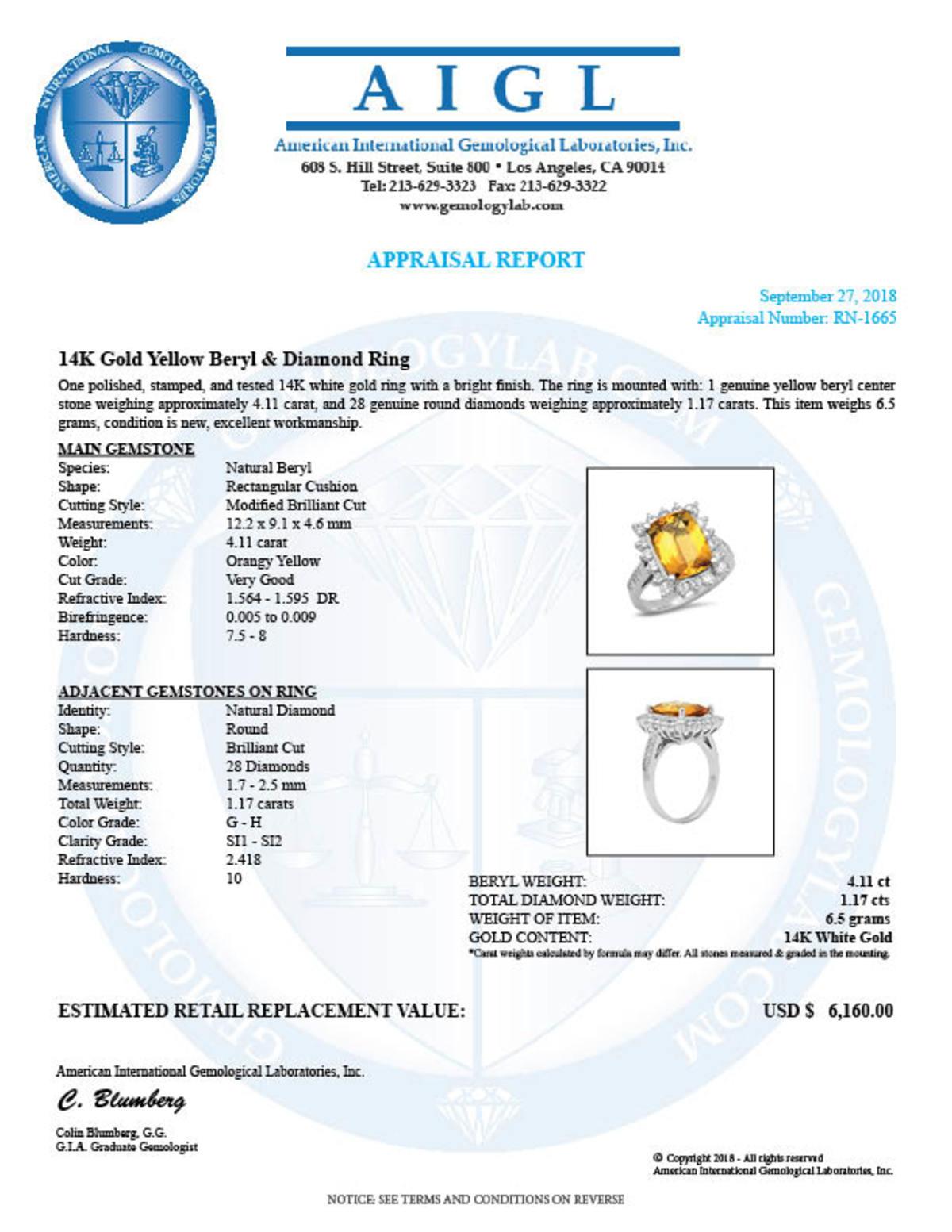 14K White Gold 4.11ct Beryl and 1.17ct Diamond Ring