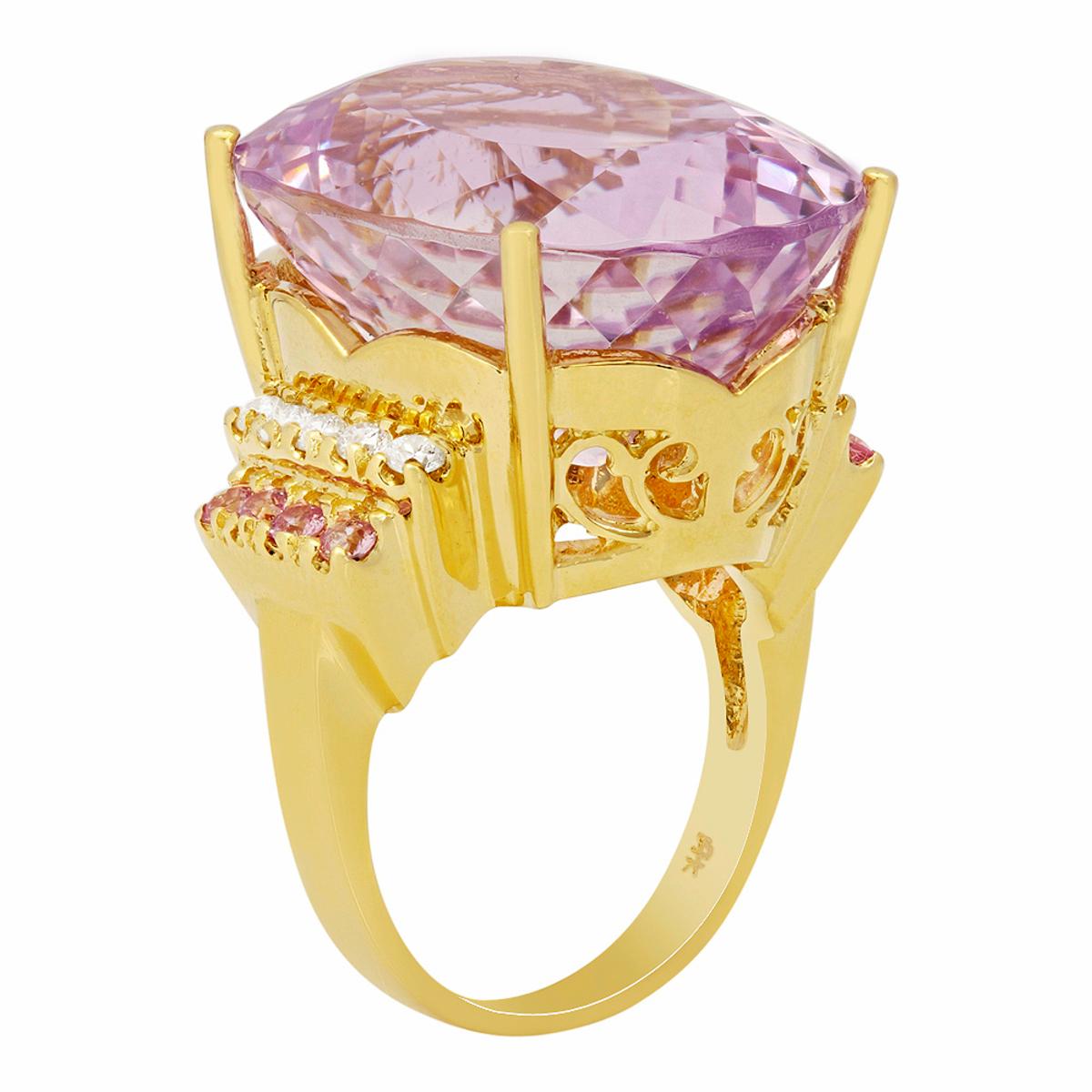 14k Yellow Gold 40.01ct Kunzite 0.34ct Pink Sapphire 0.37ct Diamond Ring