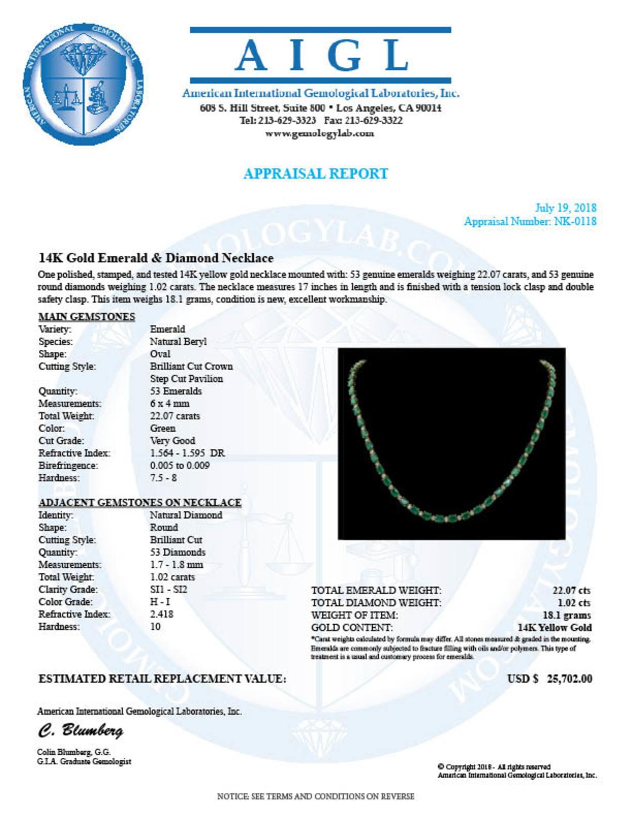 14K Gold 22.07ct Emerald 0.95ct Diamond Necklace