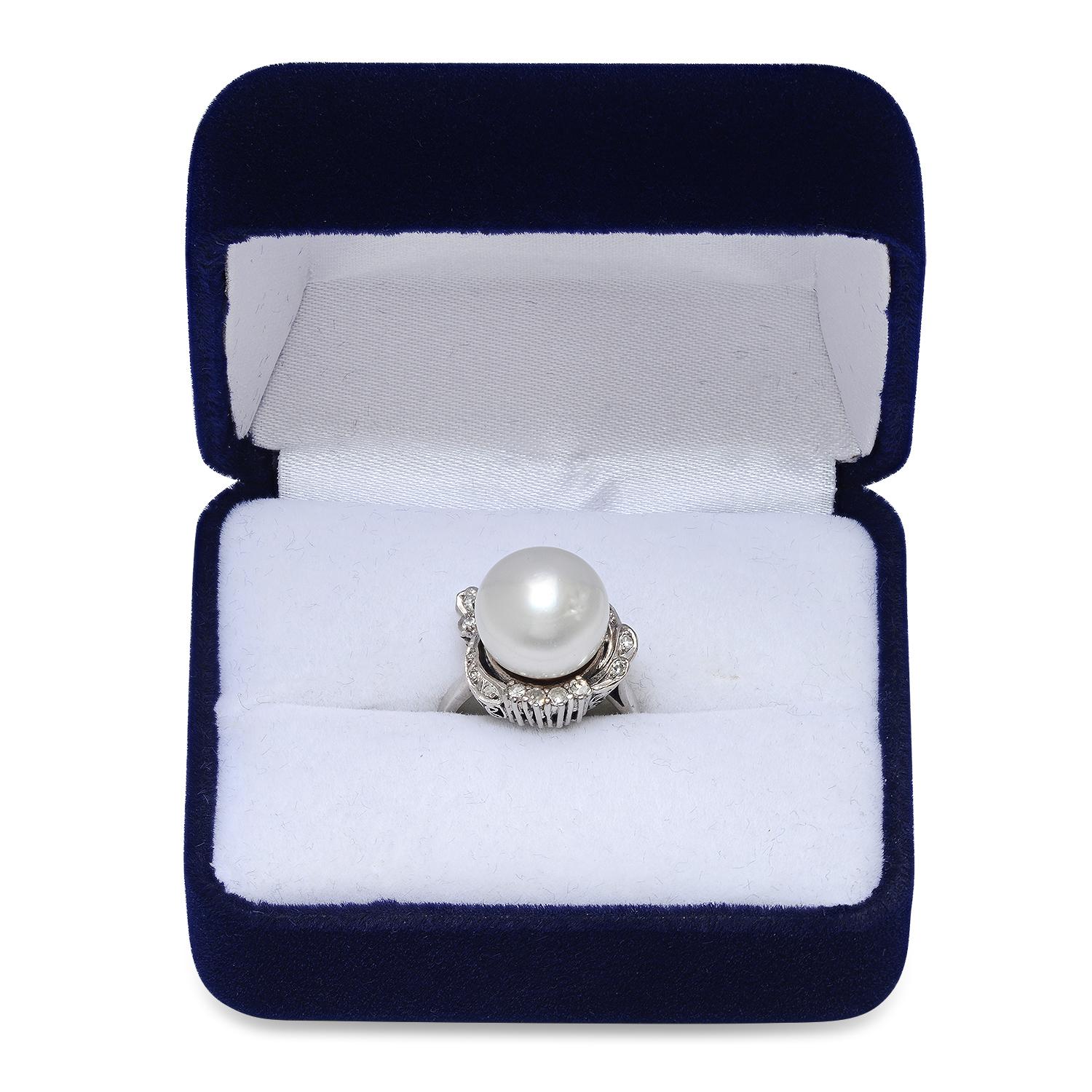 18K White Gold Setting with one 12mm White South Sea Pearl and 0.22ct Diamond Ladies Ring