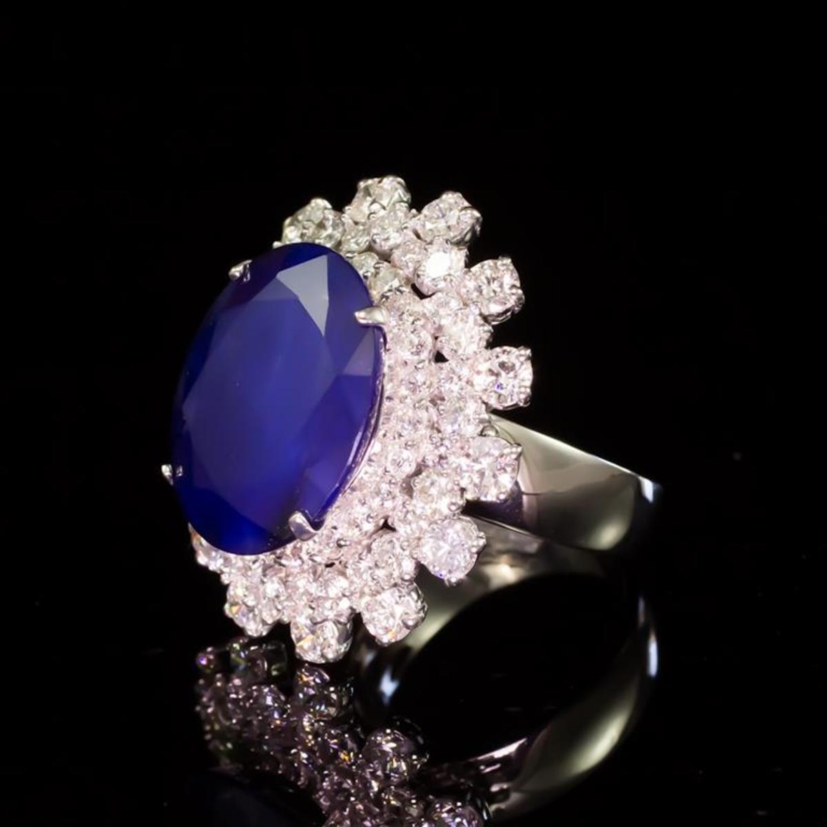 14K White Gold 12.50ct Sapphire and 3.87ct Diamond Ring
