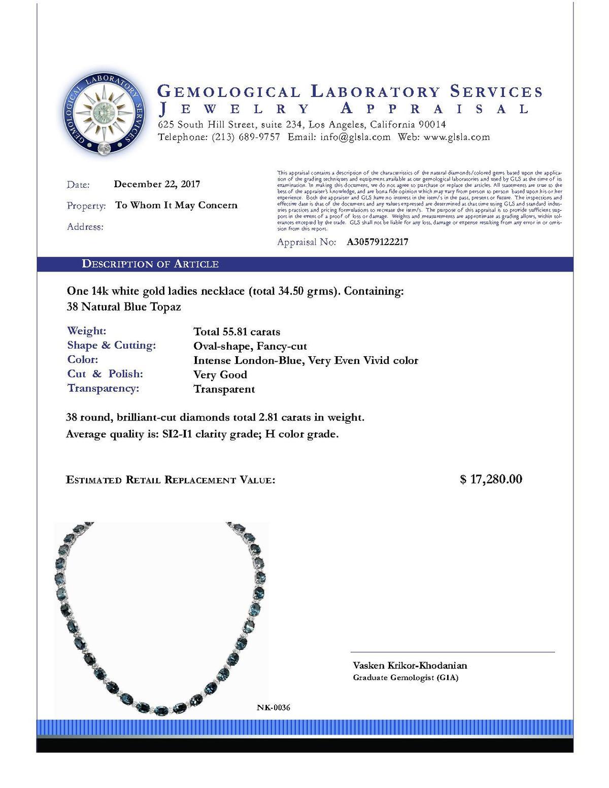 14k White Gold 55.81ct Blue Topaz 2.81ct Diamond Necklace