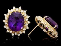 14K Yellow Gold 14.36ct Amethyst and 1.12ct Diamond Earrings