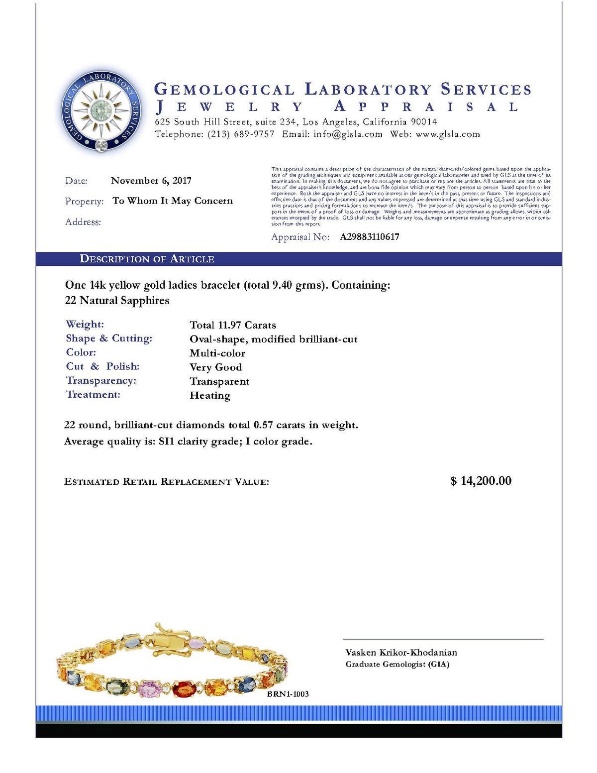 14k Yellow Gold 11.97ct Sapphire 0.57ct Diamond Bracelet