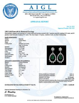 14K Gold 6.02ct Emerald 6.97ct Diamond Earrings