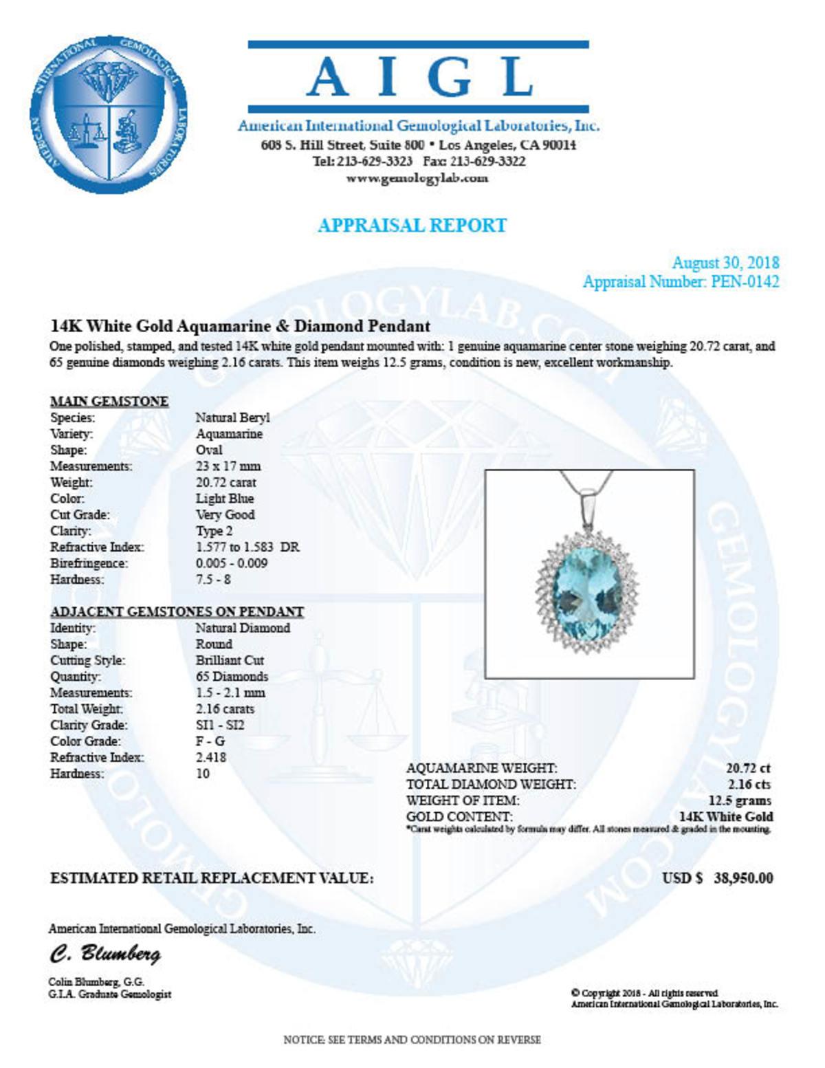 14K Gold 20.72ct Aquamarine 2.16ct Diamond Pendant