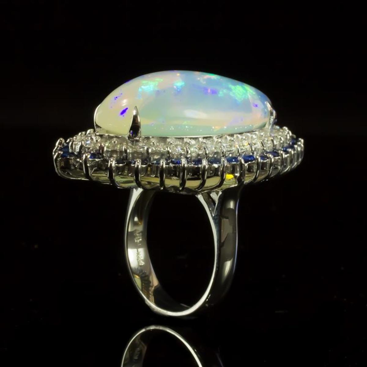 14K White Gold 15.65ct Opal 1.17ct Sapphire and 1.89ct Diamond Ring