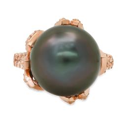 14K Rose Gold Setting with 14mm Tahitian Pearl and 0.93ct Diamond Ladies Ring