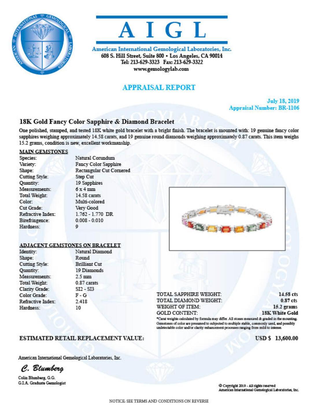 18K Gold 14.58ct Fancy Color Sapphire 0.87ct Diamond Bracelet