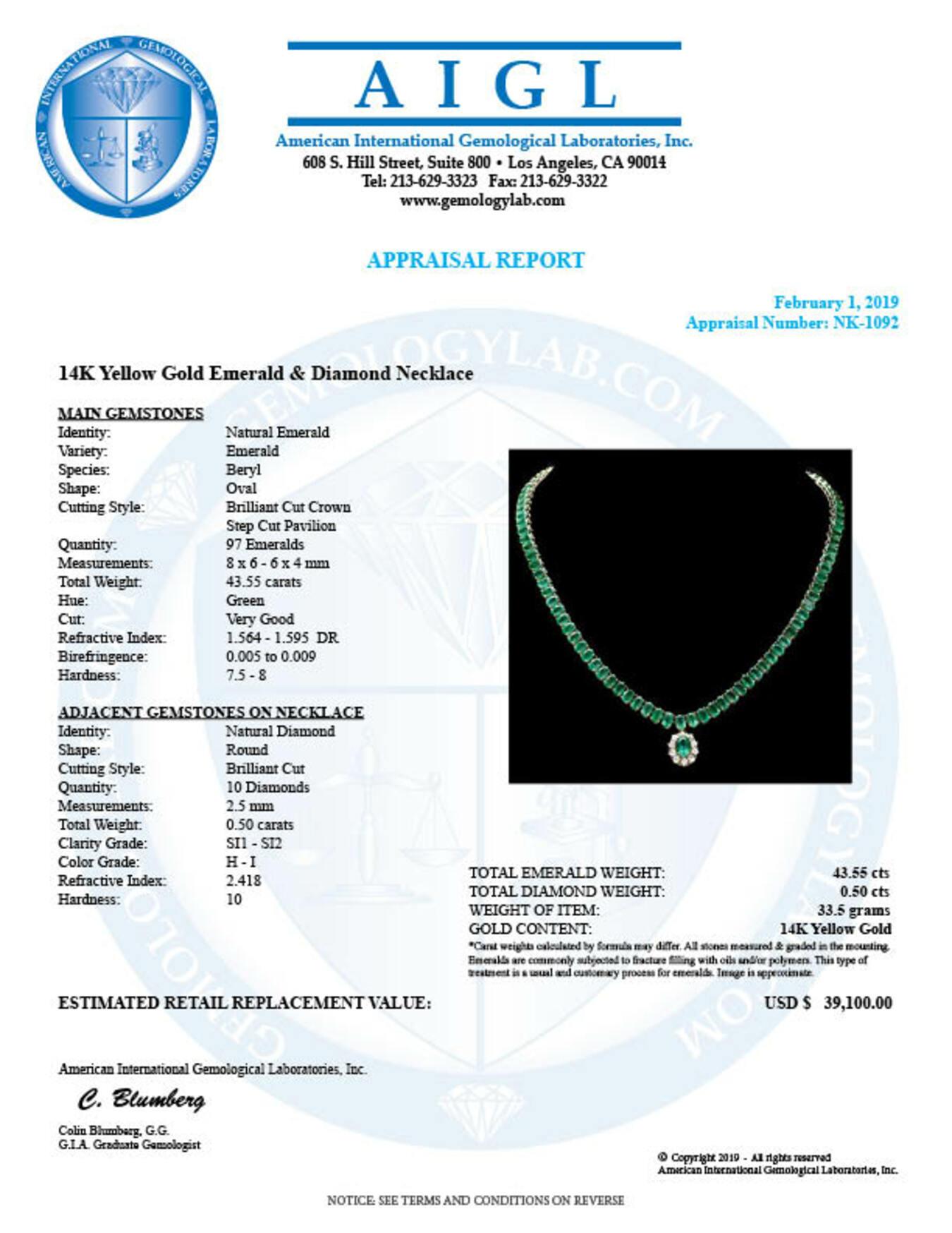 14K Yellow Gold 43.55ct Emerald and 0.50ct Diamond Necklace