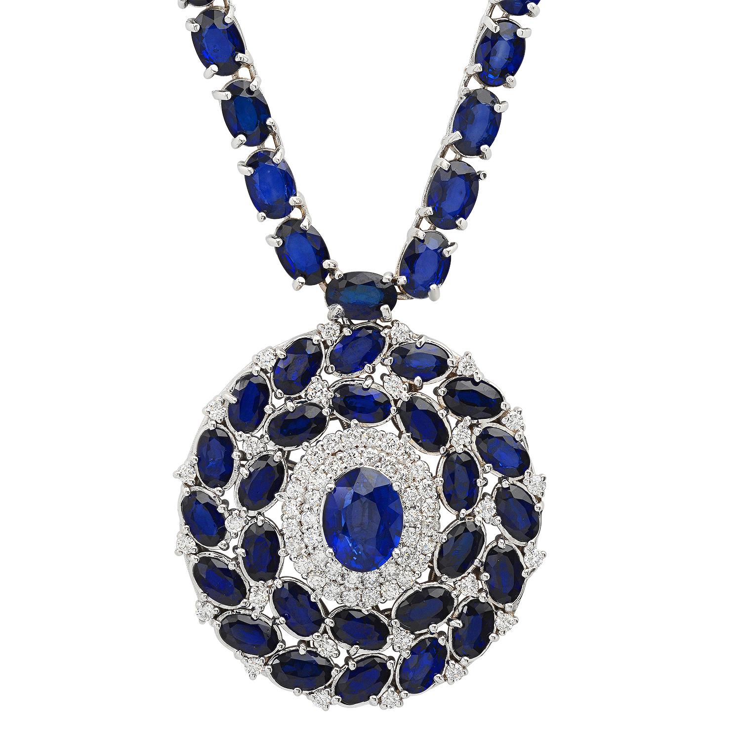 14K White Gold 50.26ct Sapphire and 1.36ct Diamond Necklace
