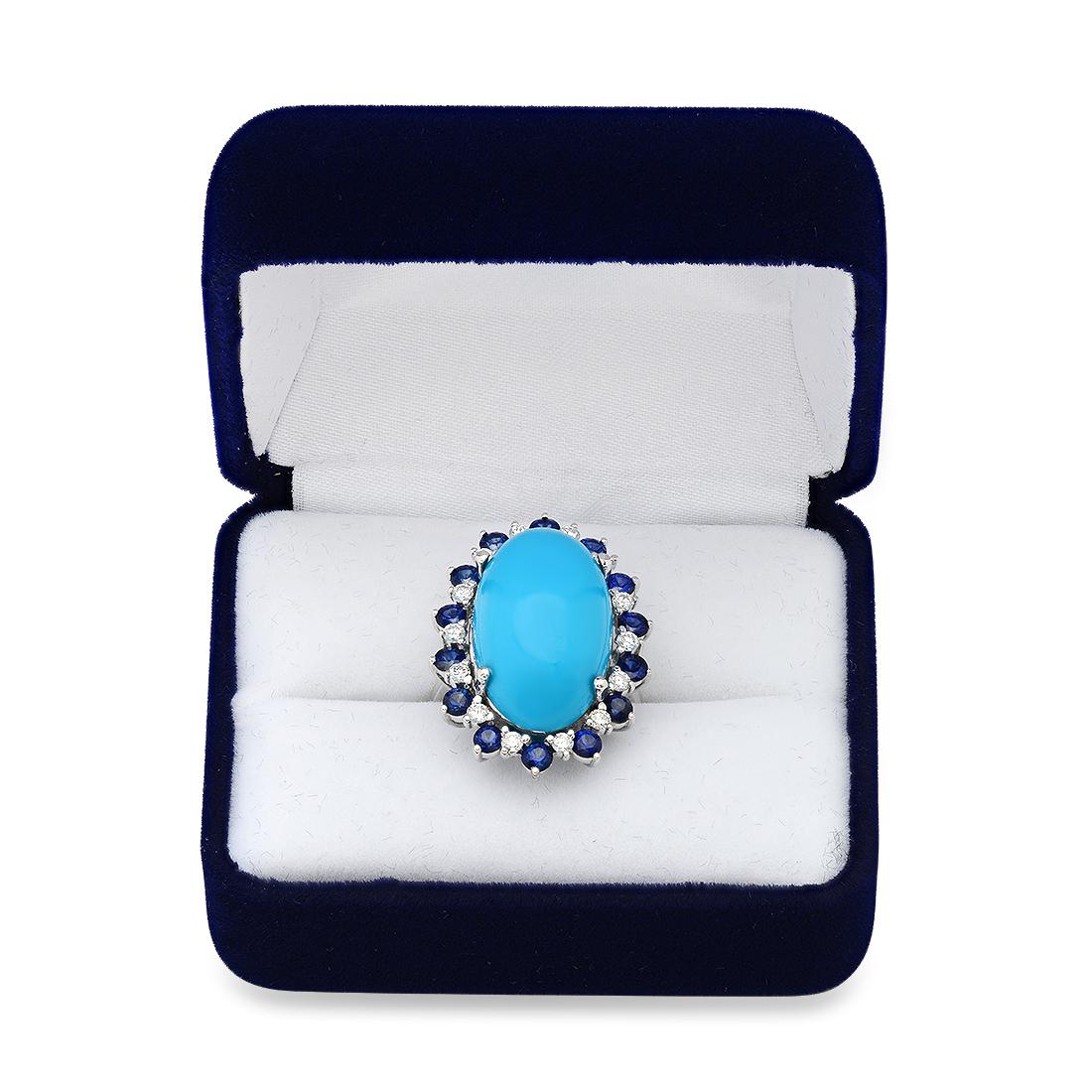 14K White Gold 16.95ct Turquoise 2.05ct Sapphire and 0.65ct Diamond Ring