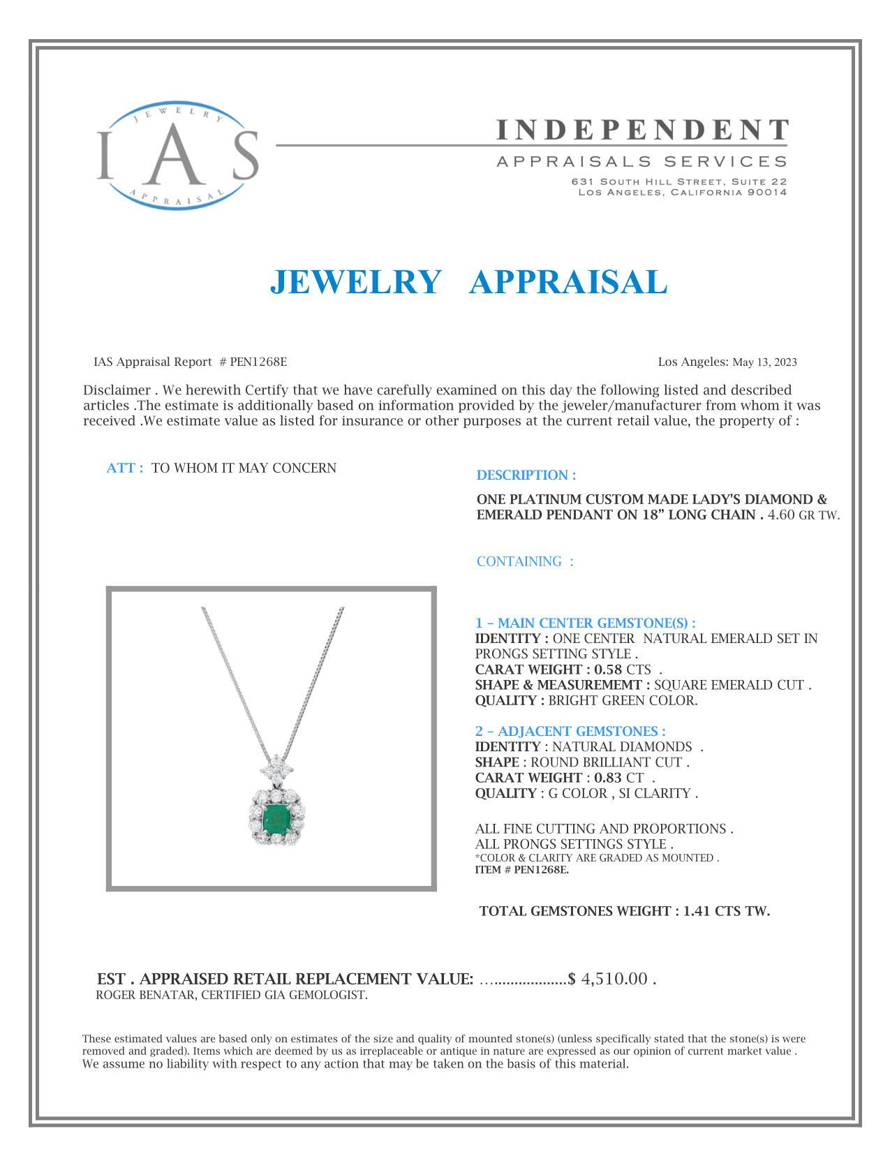 Platinum Setting with 0.58ct Emerald and 0.83ct Diamond Ladies Pendant
