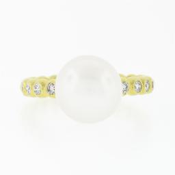 18k Yellow Gold 10.50mm Cultured Pearl Solitaire Round Bezel Diamond Beaded Ring
