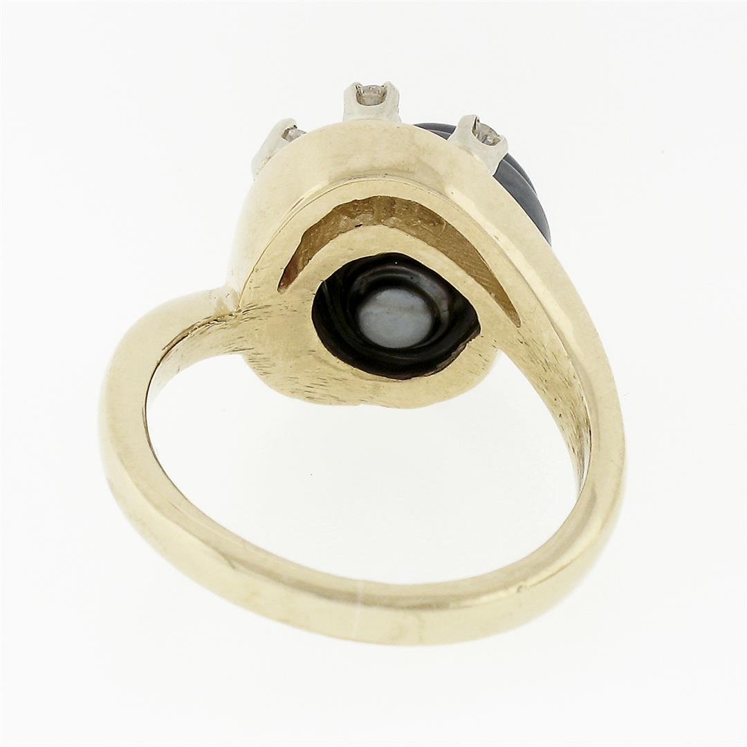 Vintage 14K Yellow Gold Round Diamond Dark Gray Pearl Solitaire Swirl Band Ring