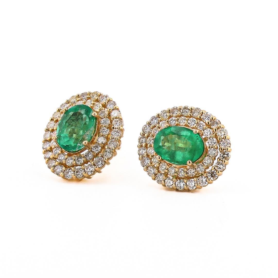 2.30 ctw Emerald and 1.30 ctw Diamond 14K Yellow Gold Earrings