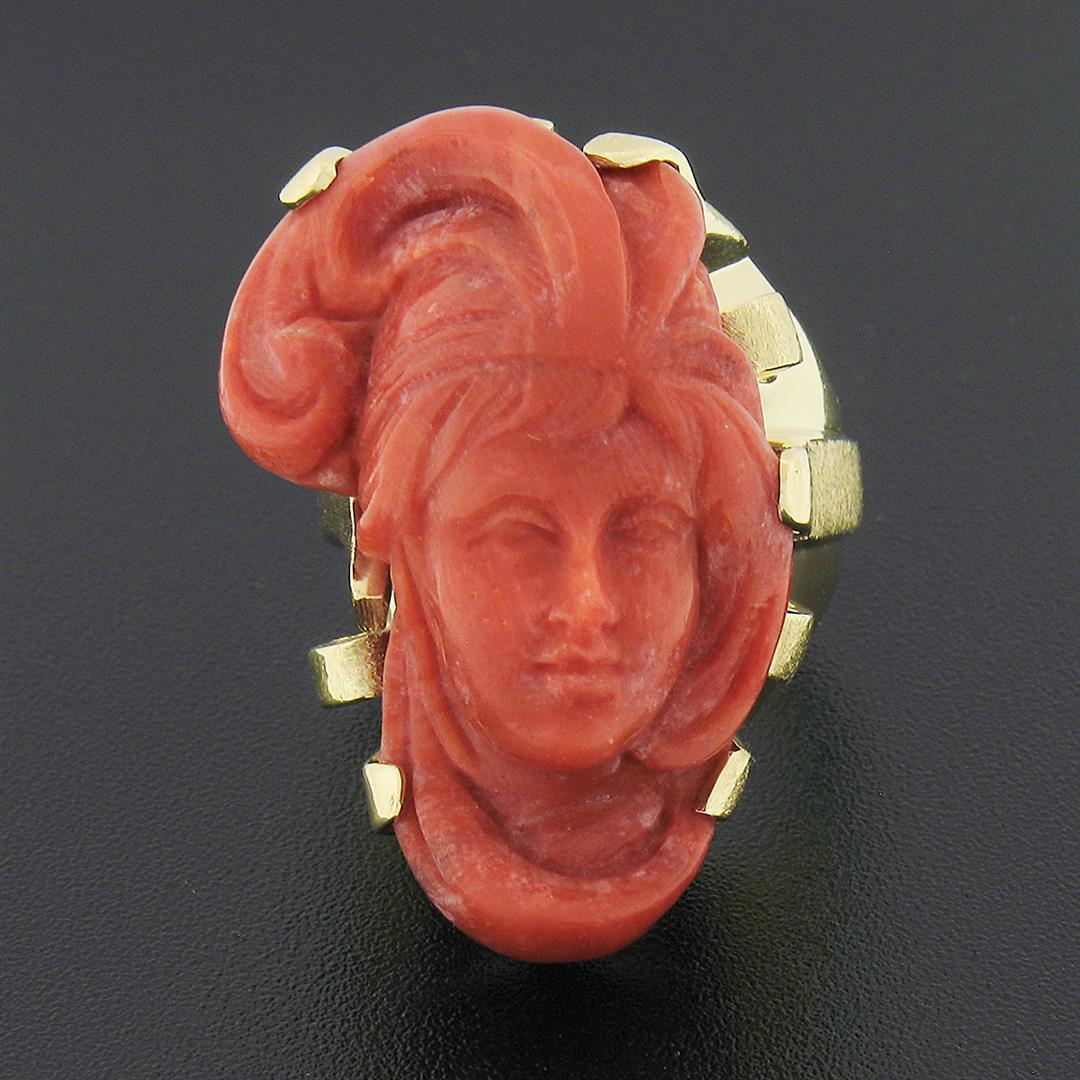 Large Vintage 14K Gold GIA NO DYE Coral Carved Lady Face Cameo Statement Ring