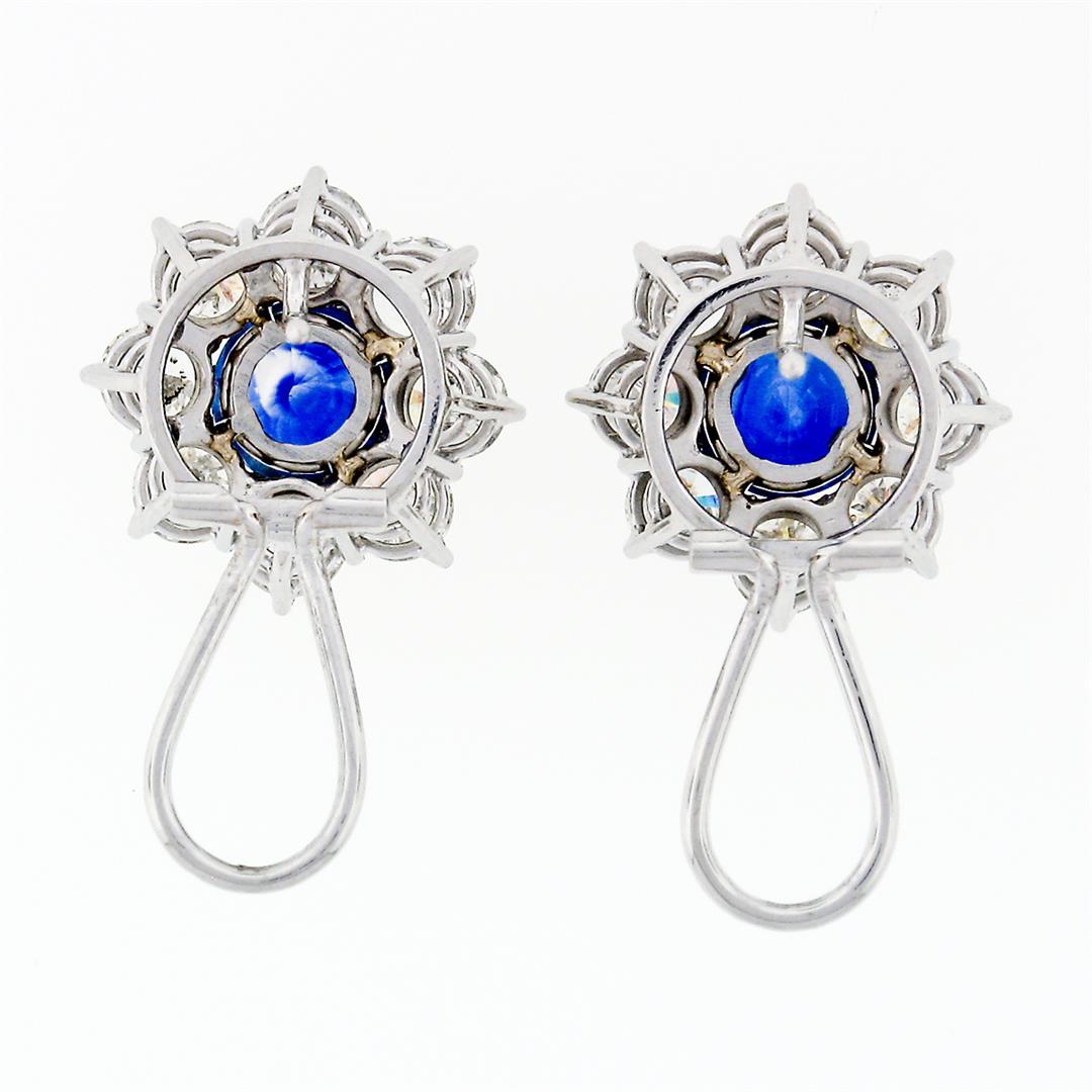 18k White Gold 8.50 ctw GIA Ceylon Sapphire Diamond Halo Flower Cluster Earrings