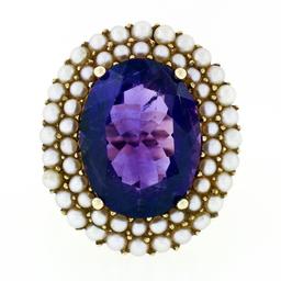 Vintage 14k Yellow Gold 7.13 ctw Oval Amethyst Solitaire & Pearl Halo Cluster Ri