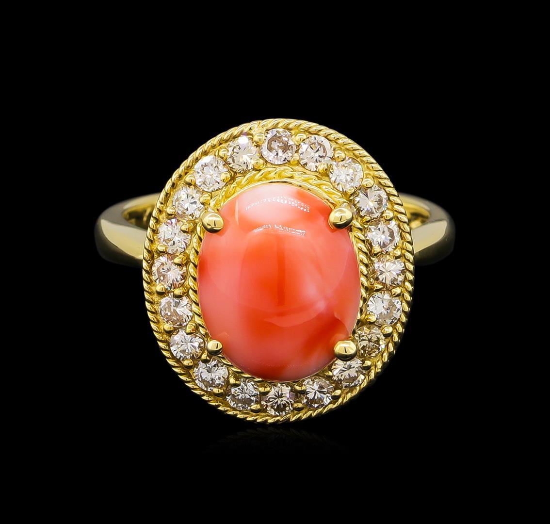 14KT Yellow Gold 3.16 ctw Coral and Diamond Ring