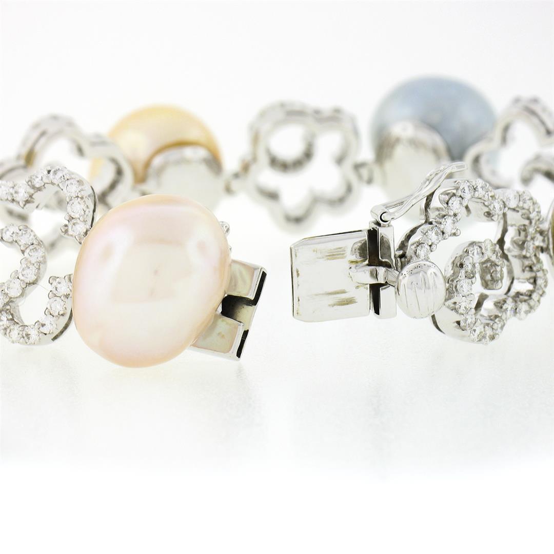 18k White Gold 3 ctw Diamond Open Flower Link & Multicolor Baroque Pearl Bracele