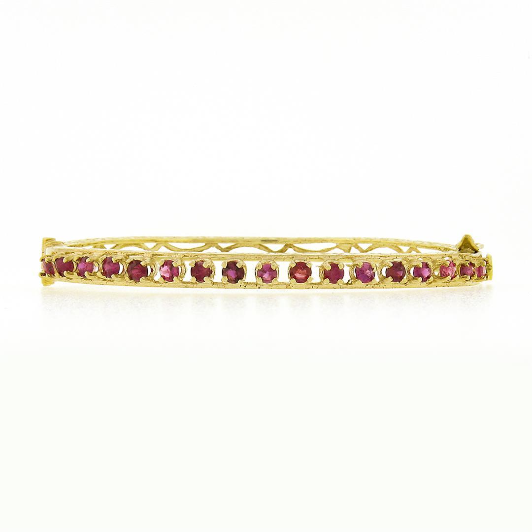 Vintage Victorian Revival 14k Gold 2 ctw Ruby Engraved Side Hinged Bangle Bracel