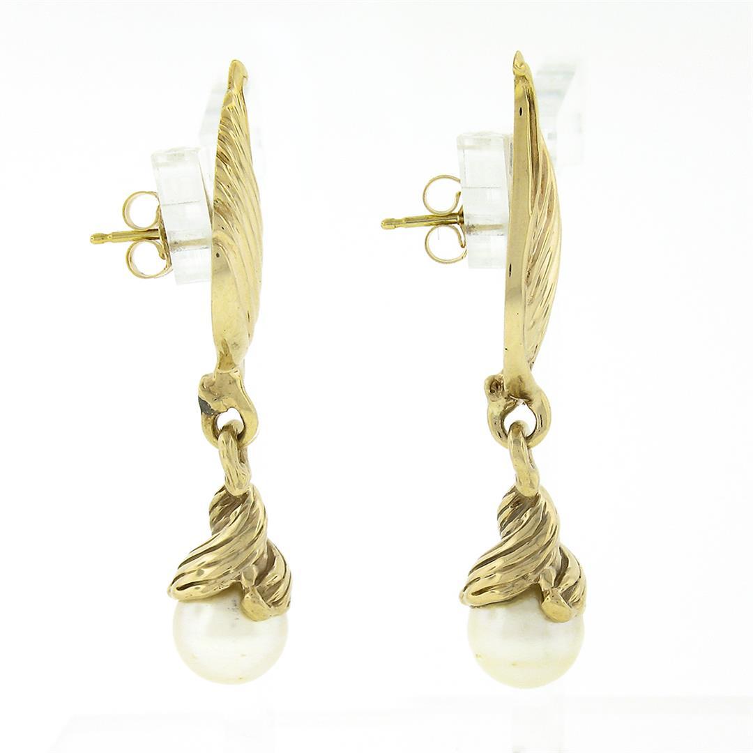 14K Yellow Gold Grooved Textured Wing Feather White Pearl Drop Dangle Earrings