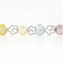 18k White Gold 3 ctw Diamond Open Flower Link & Multicolor Baroque Pearl Bracele